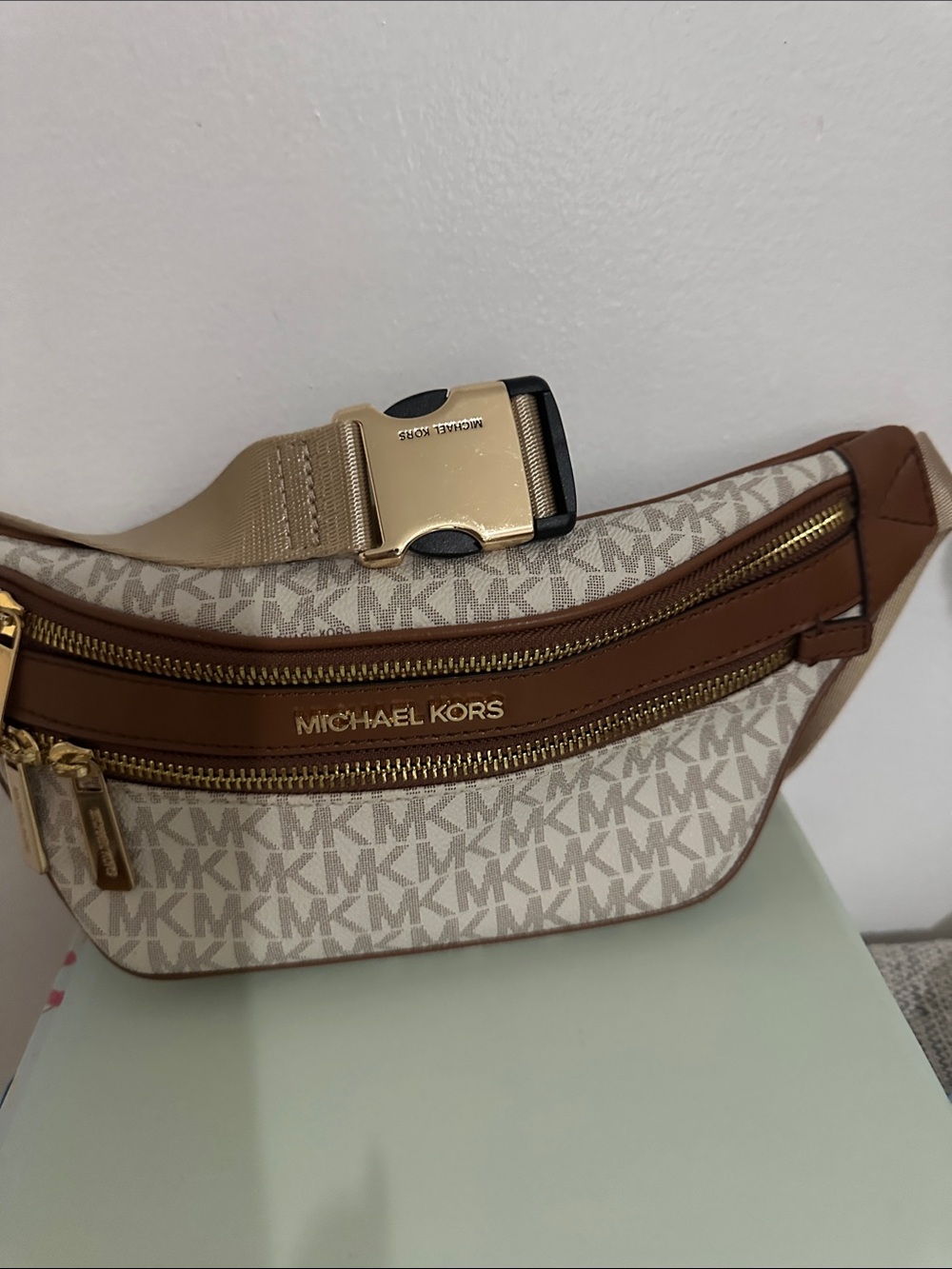 Michael Kors Beige Canvas MK Logo Belt Bag with Brown Trim
